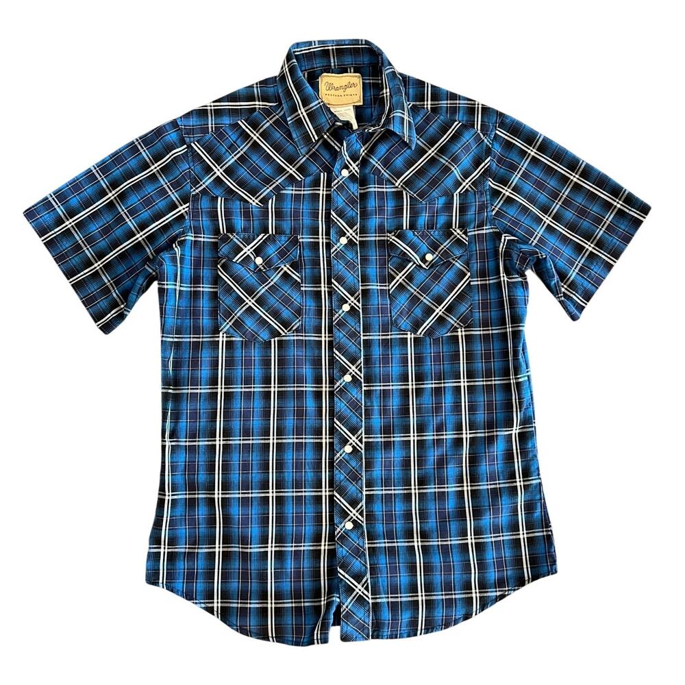 Wrangler Pearl Snap Button Shirt Mens M Button Down Short Sleeve Blue Plaid Vtg
